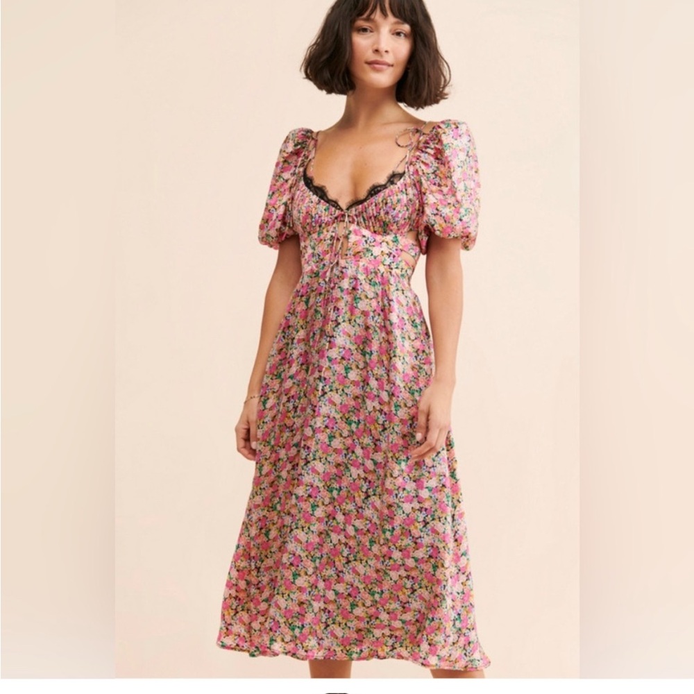 For Love And Lemons Pink Red Sweetheart Puff Sleeve Midi Dress NWT